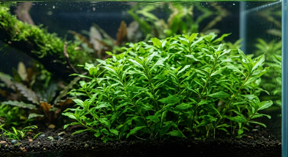 touceira de hygrophila polysperma verde intenso em aquário plantado sem CO2