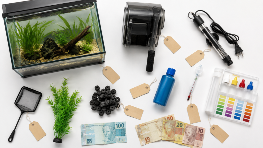 lay de equipamentos de aquario com etiquetas de preco sobre fundo branco