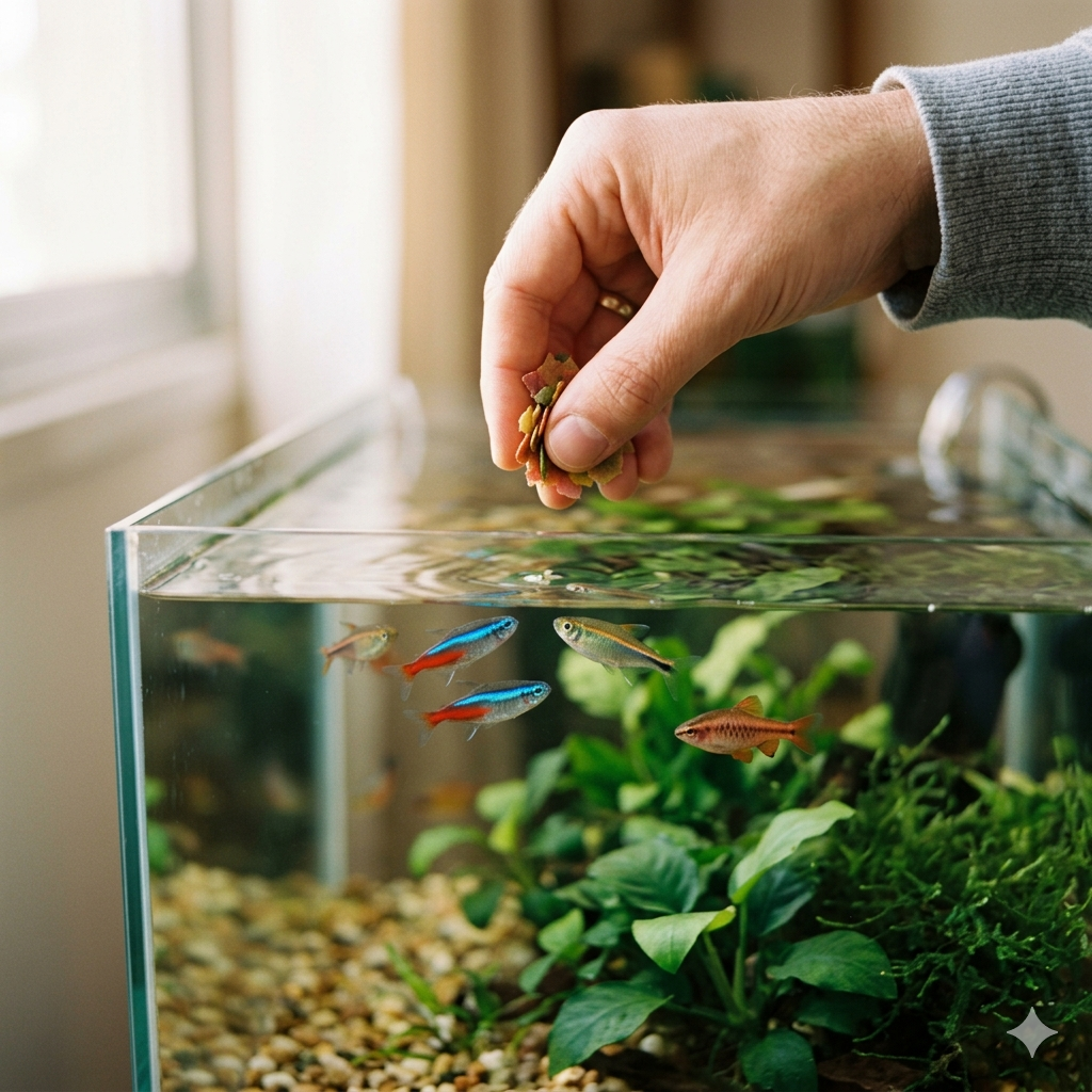 mão segurando pote de ração de peixe com quantidade pequena sobre aquário com peixes coloridos