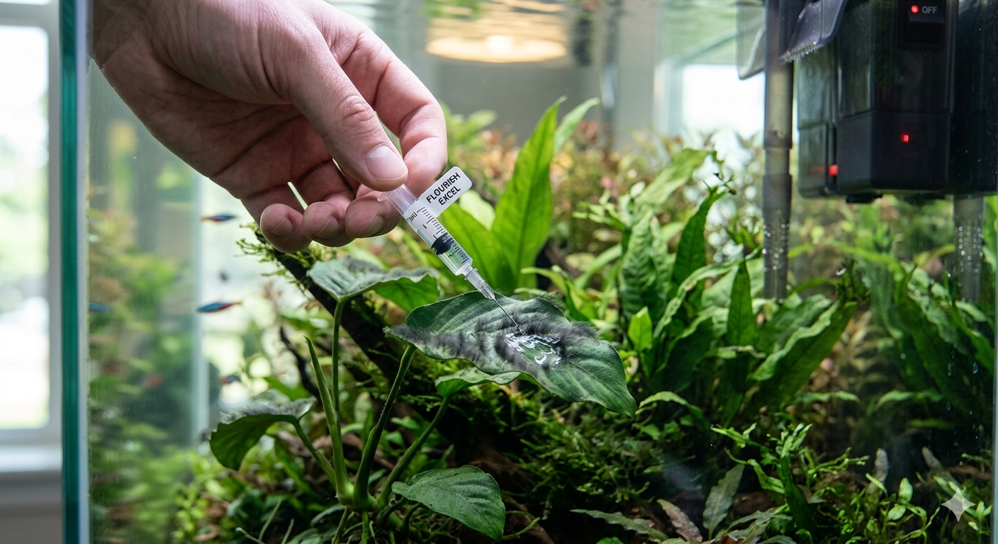 tratamento de algas com aplicação localizada no aquário plantado