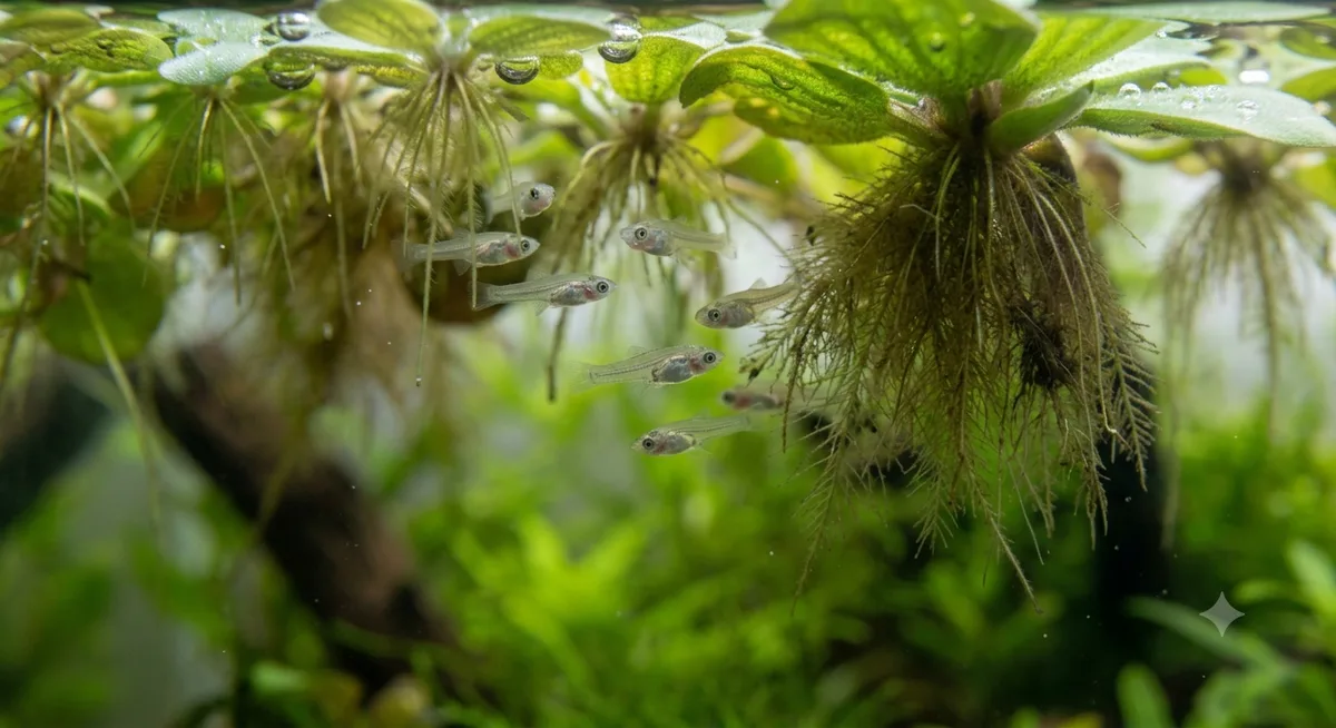 filhotes recém-nascidos de molinésia nadando perto de plantas aquáticas