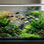 aquário plantado bem estruturado com grupo variado de molinésias nadando