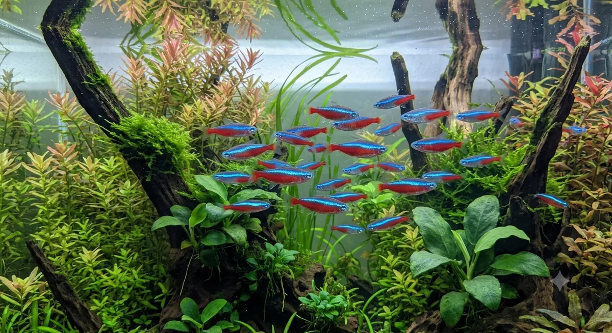 Cardume misto de tetra neon nadando em aquário plantado