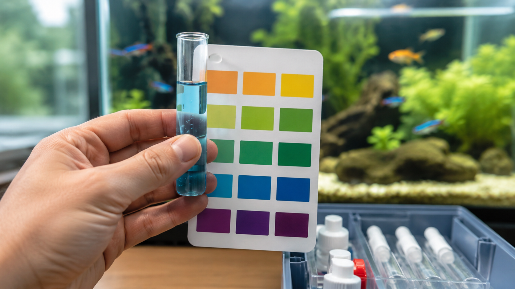 parâmetros de água no aquário. kit de testes líquido para aquário com tubos coloridos e cartão comparador sobre fundo azul claro
