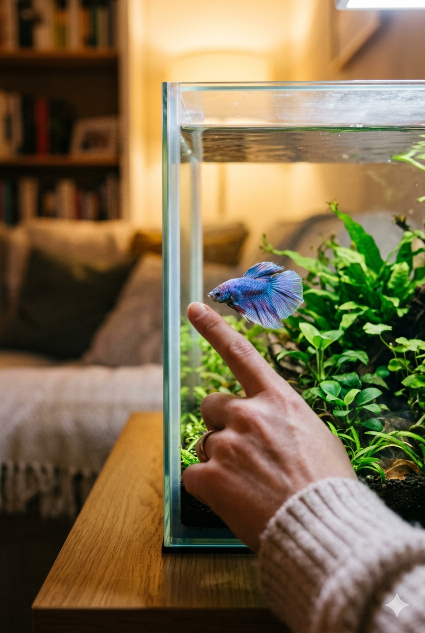 peixe betta macho seguindo o dedo pelo vidro do aquário em comportamento de reconhecimento
