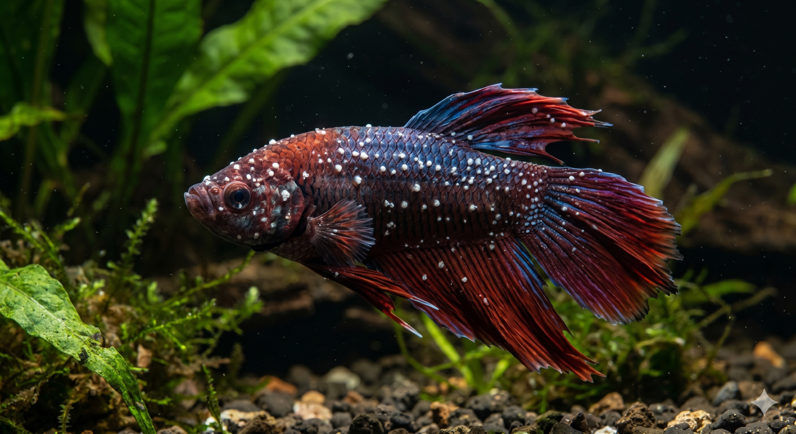 Peixe com Bolinhas Brancas: peixe Betta de cor azul e vermelha nadando em um aquário plantado, com múltiplas manchas brancas pequenas e salientes visíveis em suas escamas e nadadeiras.