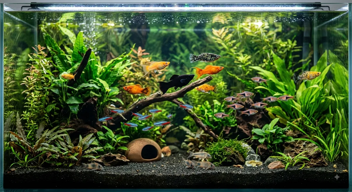 molinésia nadando com outros peixes em aquário comunitário plantado