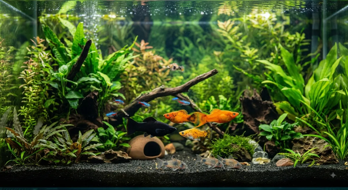 aquário comunitário plantado com molinésias e outros peixes compatíveis
