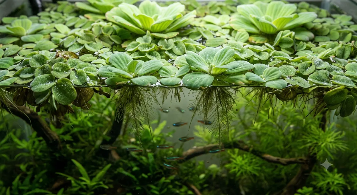 plantas flutuantes cobrindo a superfície de aquário sem substrato, com raízes visíveis e peixes nadando por baixo