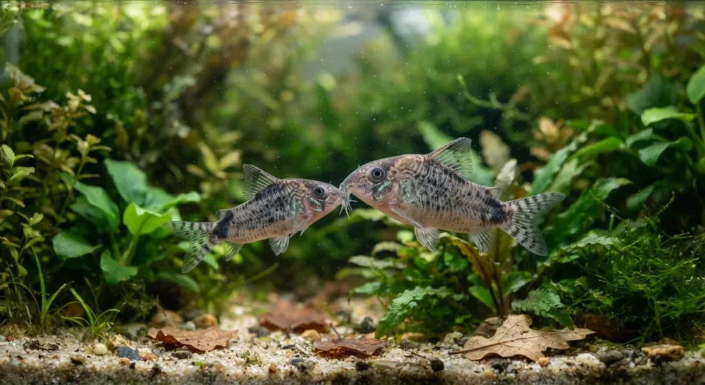 Coridoras durante o comportamento de reprodução em aquário