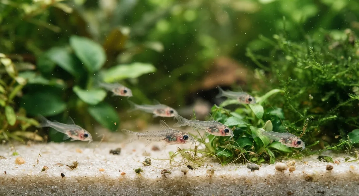 Filhotes recém-nascidos de coridora nadando perto do fundo de areia de um aquário plantado