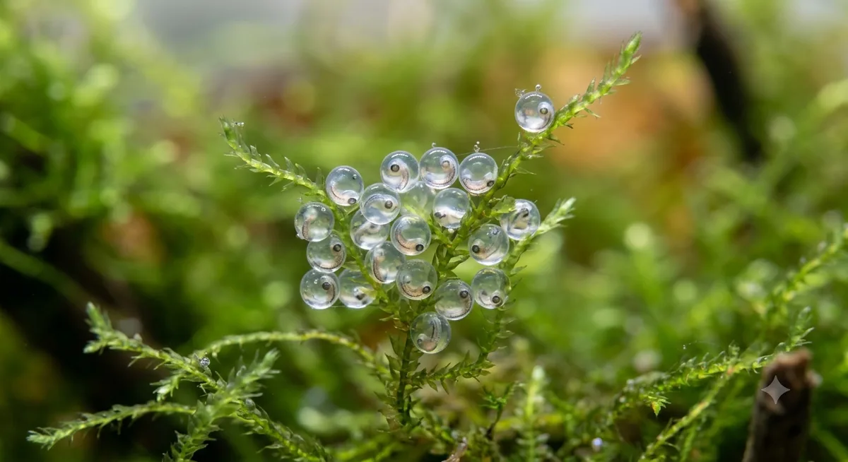 Ovos transparentes de peixe entre fios de planta aquática fina
