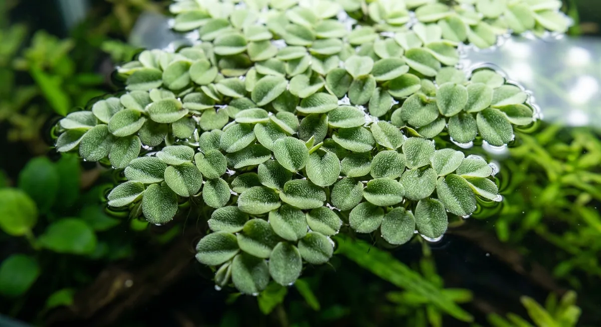 salvinia flutuante de folhas pequenas e aveludadas na superfície de aquário plantado