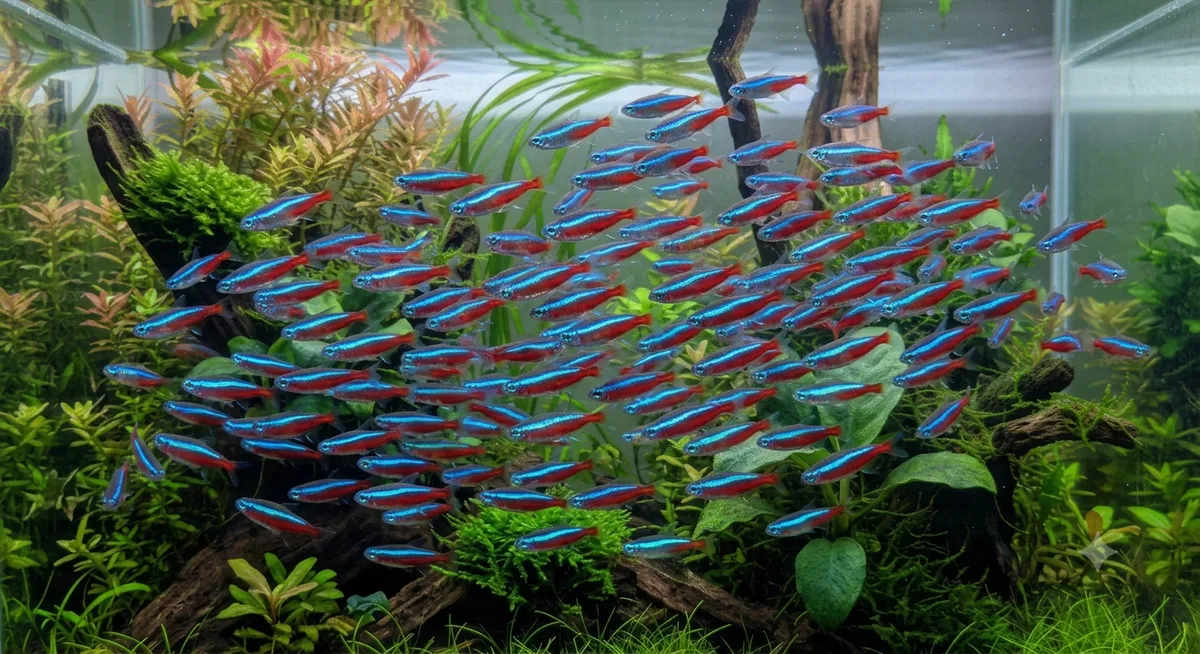 Cardume grande e denso de tetra neon nadando em uníssono