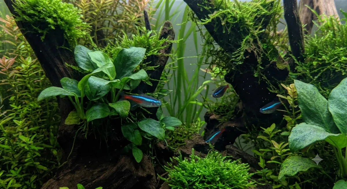 Poucos peixes tetra neon dispersos e escondidos entre plantas