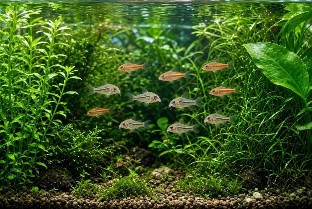 Tipos de Coridora. Pequeno cardume de coridoras anãs nadando próximas ao fundo entre plantas aquáticas