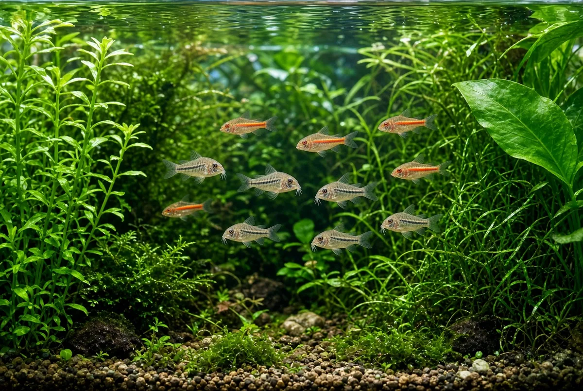 Pequeno cardume de coridoras anãs nadando próximas ao fundo entre plantas aquáticas