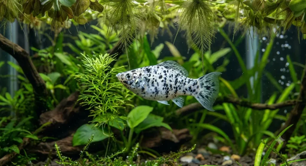 Tipos de Molinésia. Molinésia dálmata nadando em aquário plantado