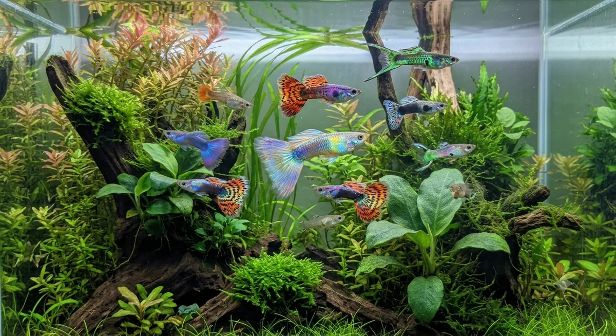 Variedade de guppys com diferentes formatos de cauda nadando juntos