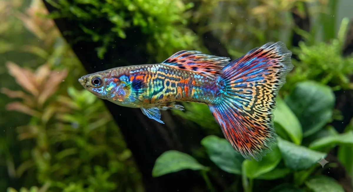 Guppy macho com padrão de cor exótico e cauda colorida