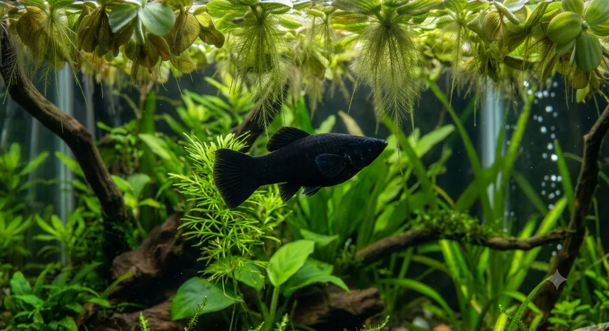 Molinésia preta adulta nadando próxima a plantas aquáticas