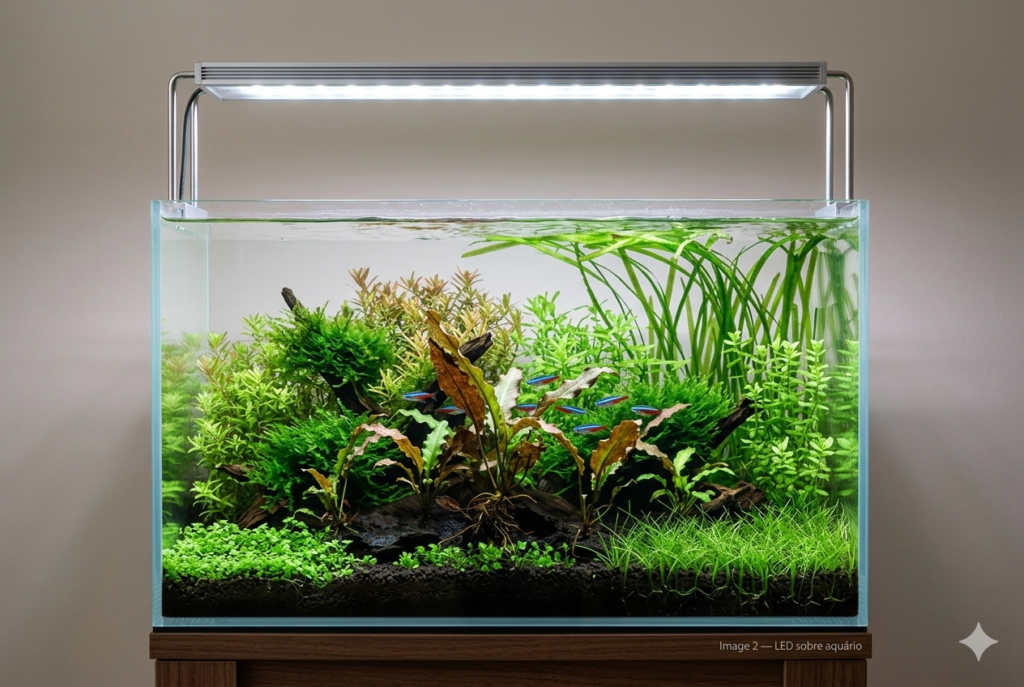 Uma luminária LED de design moderno e fino, feita de alumínio, suspensa sobre um aquário plantado de água doce. A luz branca brilhante ilumina intensamente as diversas plantas aquáticas, com destaque para a Cryptocoryne central (inspirada na imagem original) que exibe tons de verde e bronze. Peixes Neon Tetra nadam entre a vegetação, tudo em um cenário limpo e profissional.