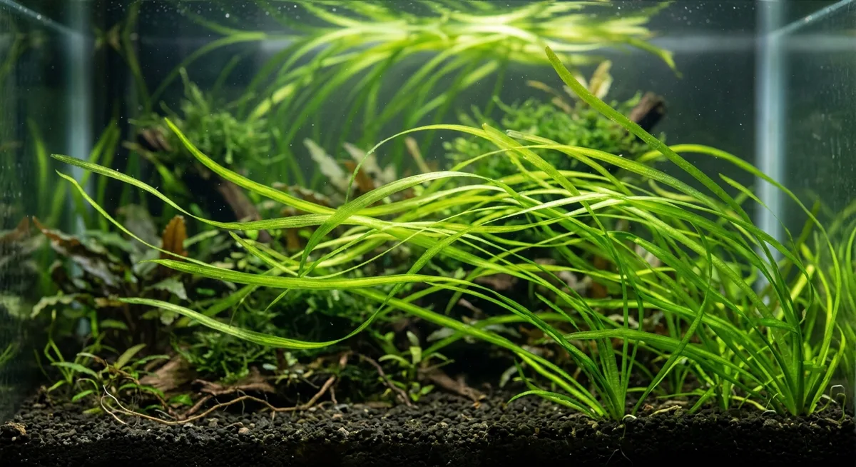 vallisnéria (Vallisneria spiralis) com folhas longas e finas em aquário plantado low tech