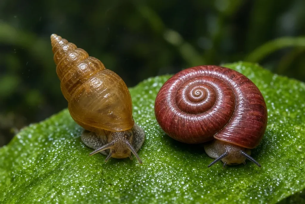 Caramujo physa de concha pontuda ao lado de um caramujo ramshorn de concha achatada numa folha dentro do aquário