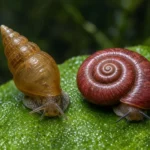 Caramujo physa de concha pontuda ao lado de um caramujo ramshorn de concha achatada numa folha dentro do aquário