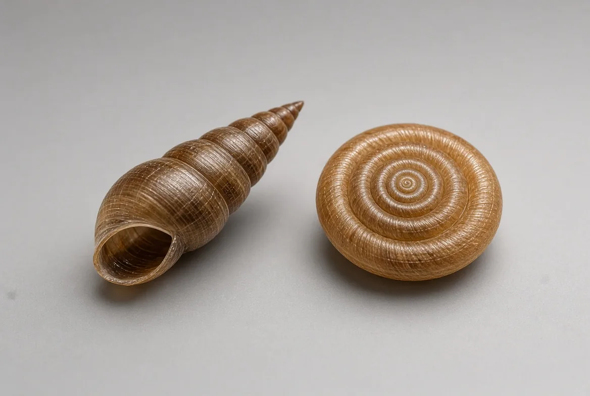 Comparação entre a concha alongada e pontuda da physa e a concha achatada em disco do ramshorn