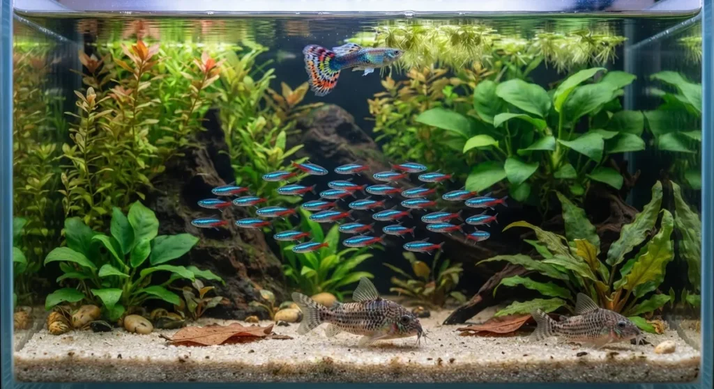 Coridora nadando junto com outros peixes compatíveis em aquário plantado