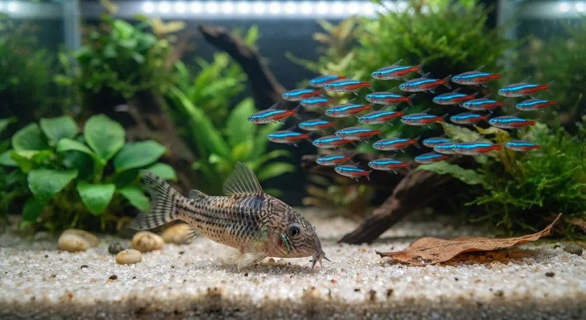 Coridora no fundo do aquário com cardume de tetra neon nadando no meio-água