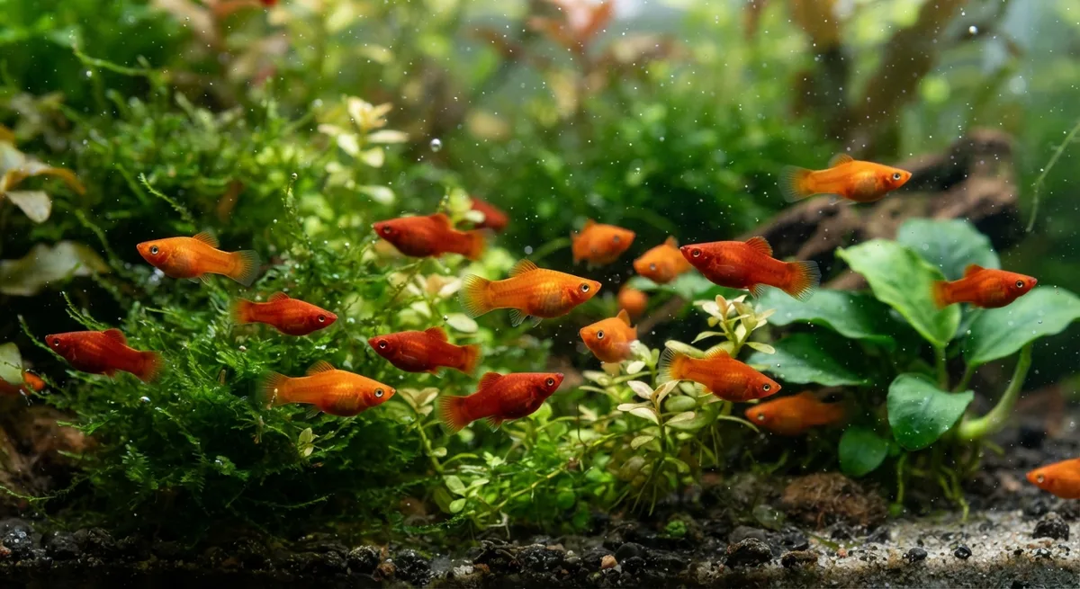 Filhotes recém-nascidos de plati nadando perto de plantas aquáticas