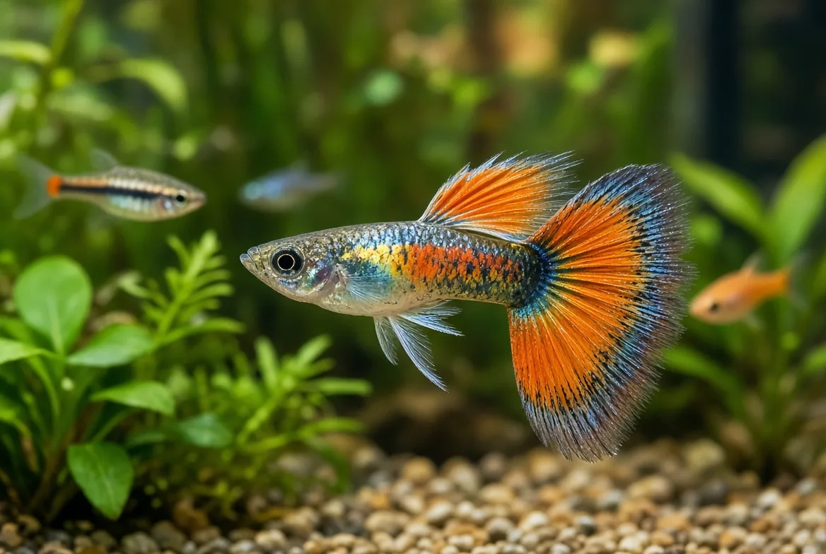 Peixes compatíveis com guppy: macho de guppy de cauda colorida nadando em aquário comunitário plantado