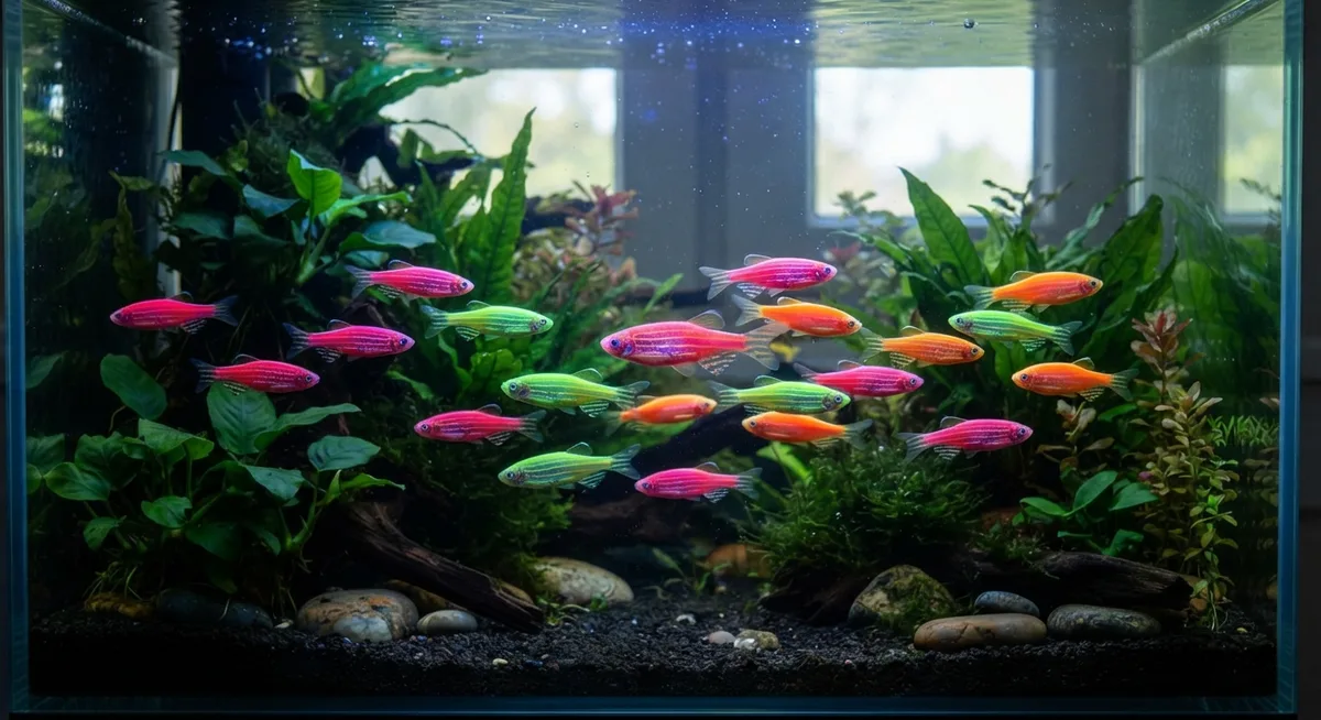 Paulistinha GloFish com coloração fluorescente rosa, verde e laranja
