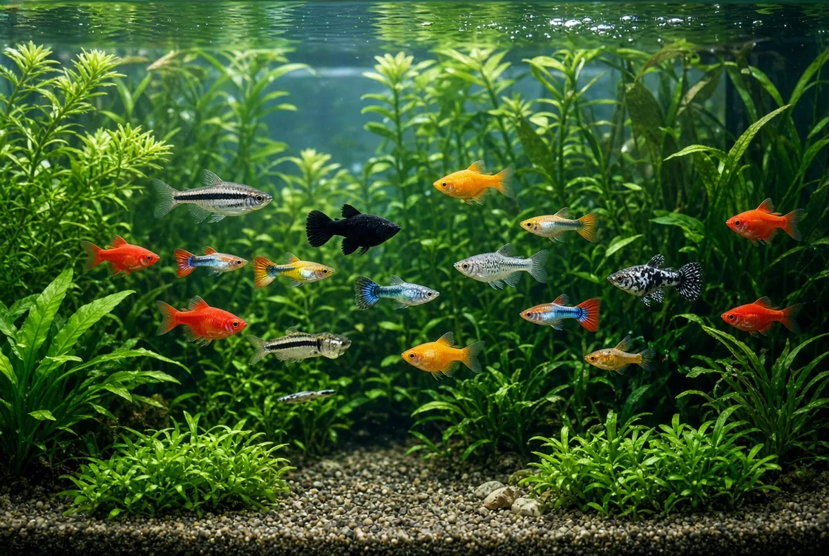 Paulistinha nadando junto com guppy, molinésia e plati no mesmo aquário