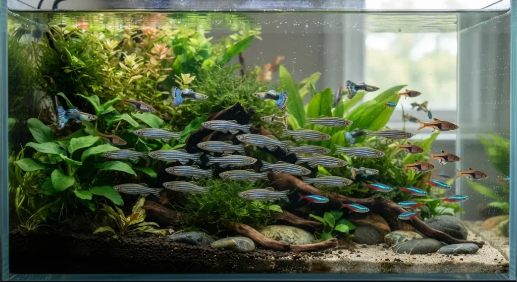 Cardume de paulistinha nadando junto com outros peixes em aquário comunitário plantado