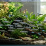 Cardume de paulistinha nadando junto com outros peixes em aquário comunitário plantado