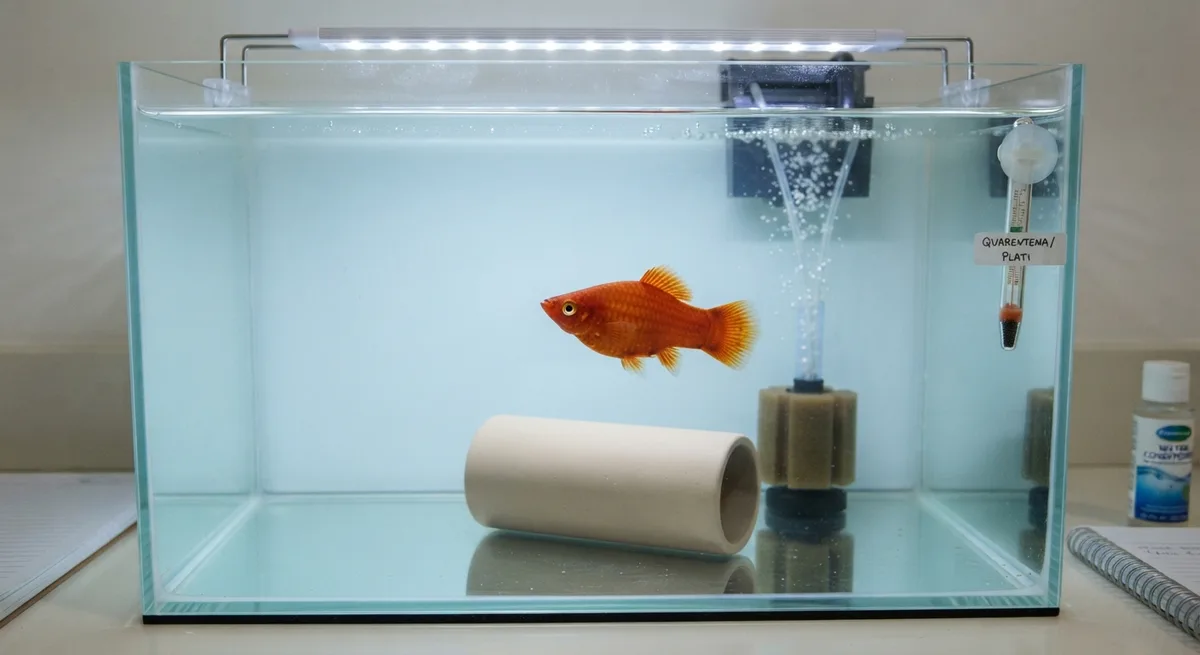 Plati num aquário simples de quarentena, água limpa, ambiente cuidadoso
