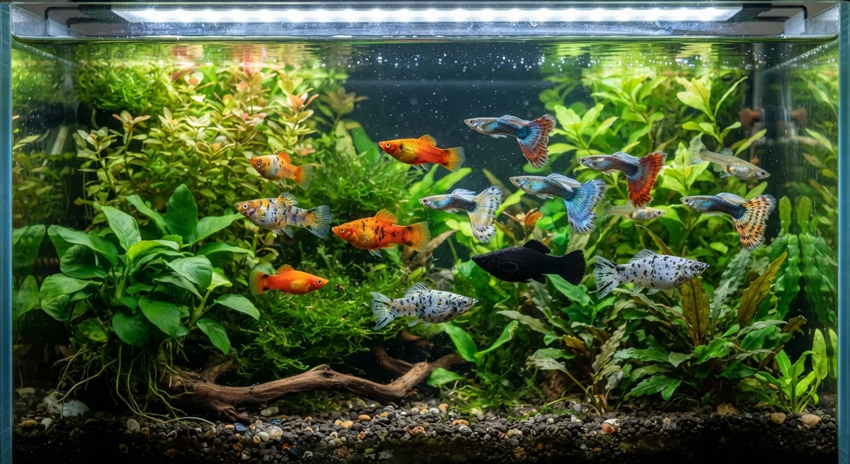 Plati nadando junto com outros peixes compatíveis em aquário plantado