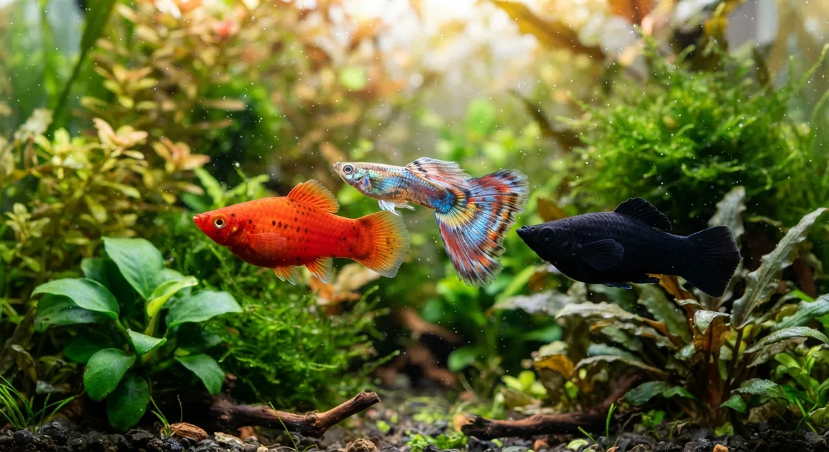 Plati nadando junto com guppy e molinésia em aquário plantado