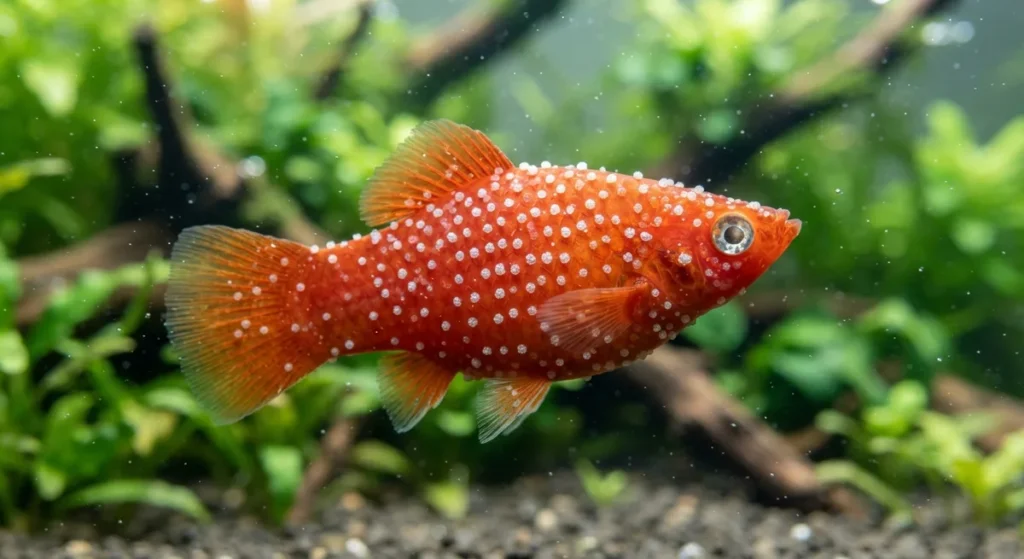 Doenças do Plati. Plati com pontos brancos característicos do ictio pelo corpo e nadadeiras