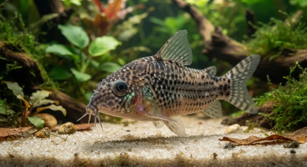 Coridora adulta saudável nadando em aquário plantado