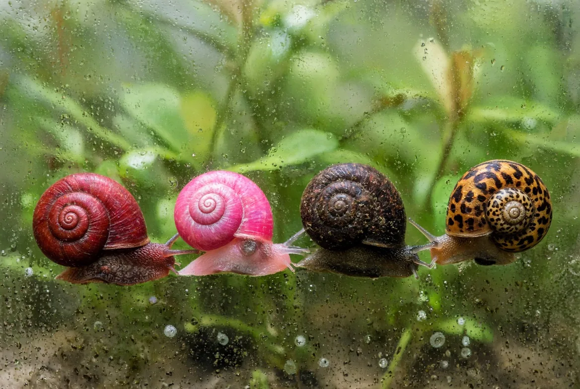 Caramujos ramshorn de cores diferentes, vermelho, rosa, marrom e marrom leopardo, no vidro do aquário plantado