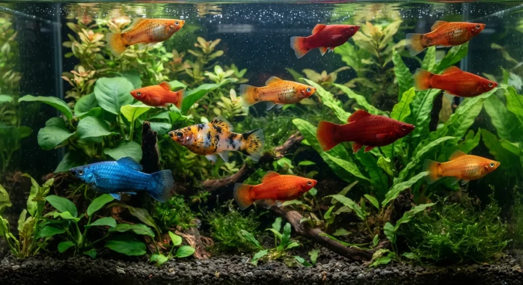 Variedades coloridas de plati nadando em aquário plantado