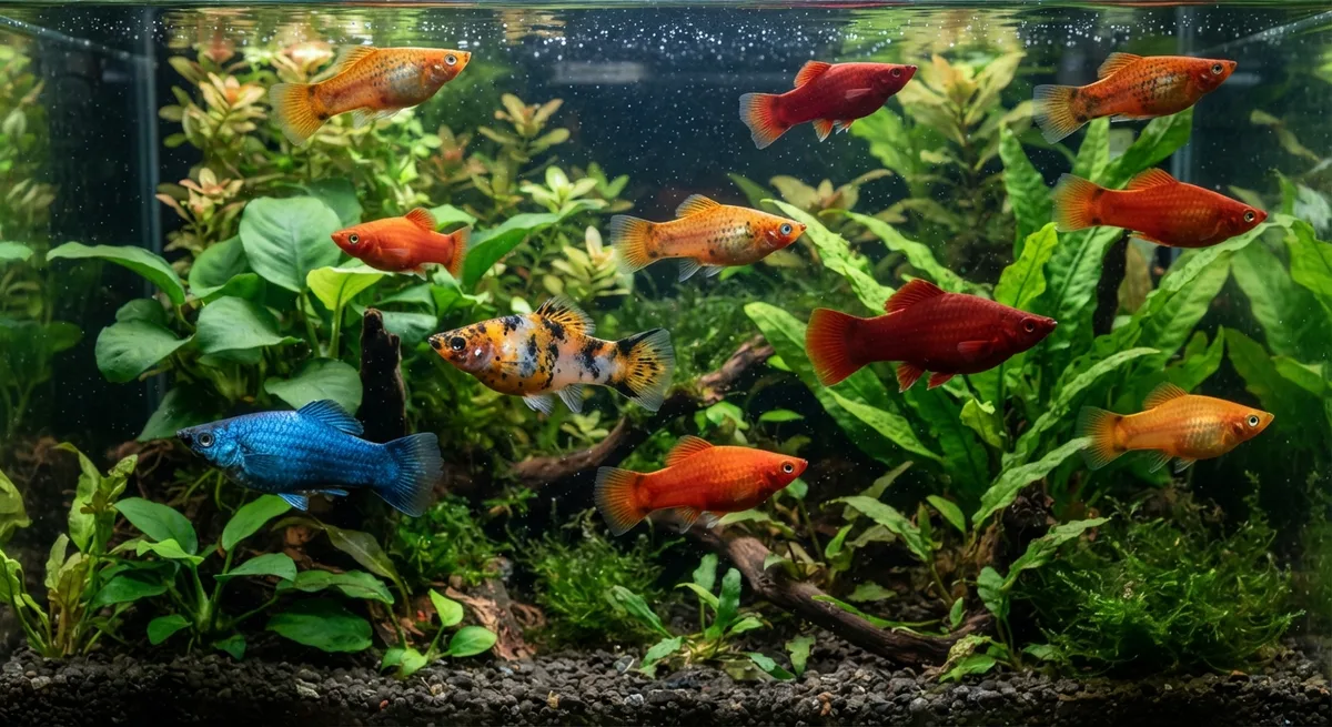 Variedades coloridas de plati nadando em aquário plantado