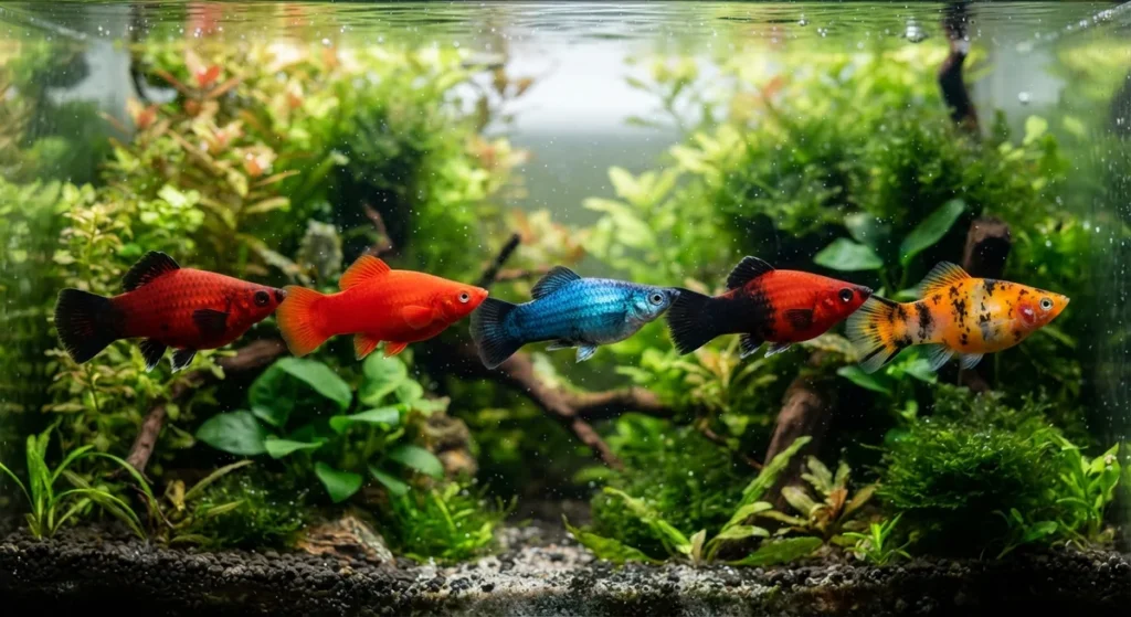 Tipos de Plati. Grupo de platis de cores diferentes lado a lado num aquário plantado