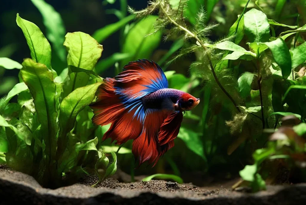 ] betta macho azul e vermelho em aquário bem montado com plantas naturais e substrato fino
