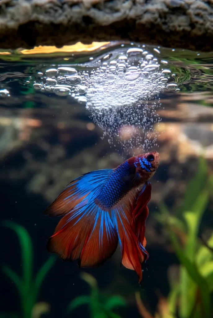betta macho construindo ninho de bolhas na superfície de aquário plantado com plantas aquáticas