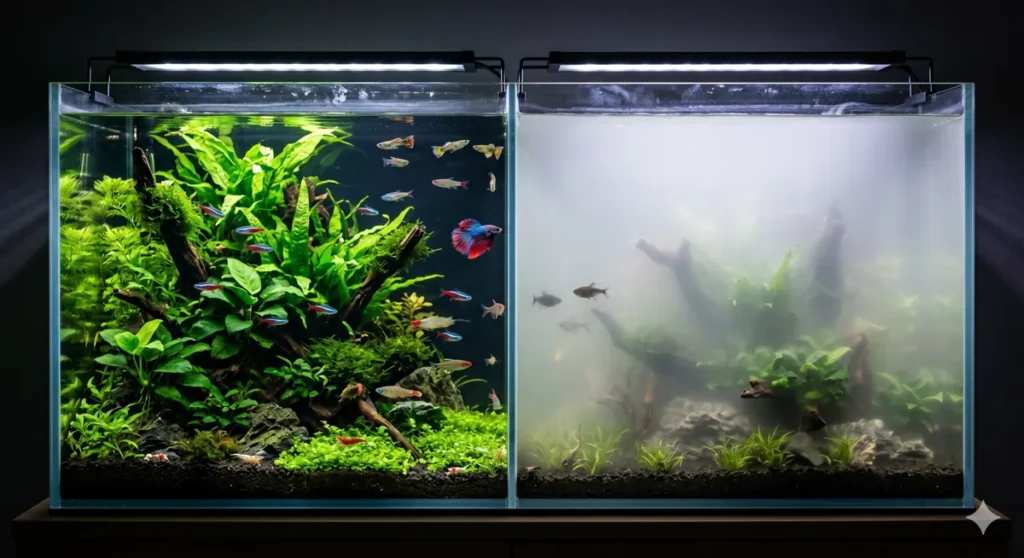 Água do Aquário Turva: Como Resolver. aquário dividido ao meio; o lado esquerdo mostra água cristalina repleta de plantas verdes vivas e peixes tropicais coloridos, enquanto o lado direito mostra o mesmo ambiente sob uma névoa densa e esbranquiçada que torna os peixes quase invisíveis.